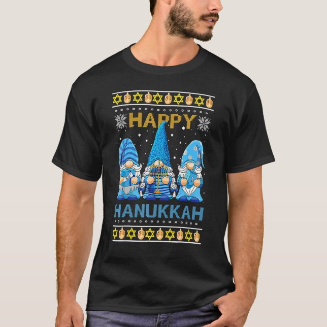 Happy Hanukkah Gnome Gnomies Menorah Pajama Ugly T-Shirt (Front)