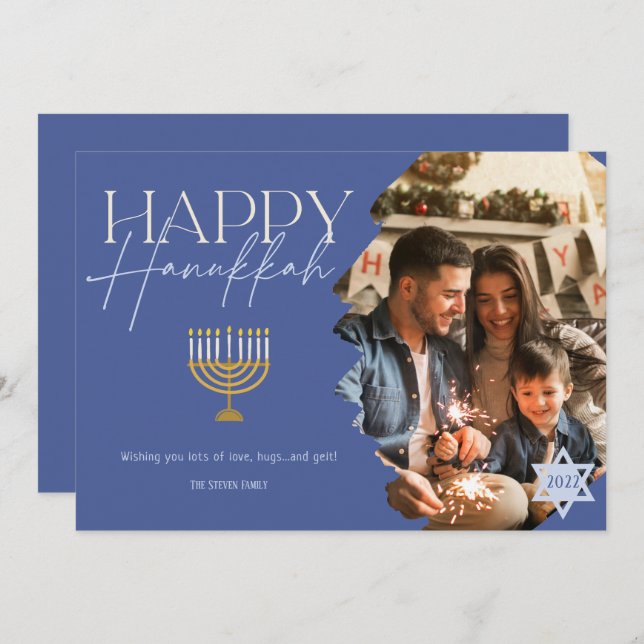 Happy Hanukkah gold blue script menorah photo Holiday Card (Front/Back)