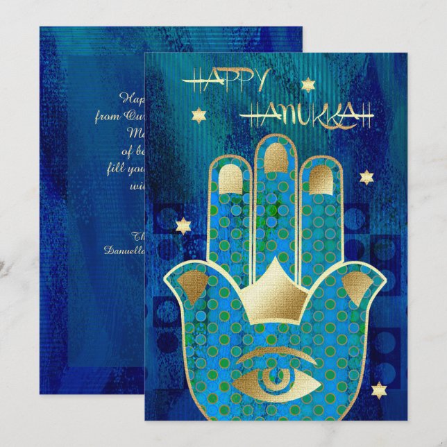 Happy Hanukkah. Gold  Hamsa Hand  Holiday Card (Front/Back)