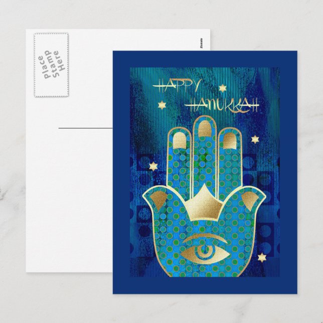 Happy Hanukkah.  Gold Hamsa Hand Symbol  Holiday Postcard (Front/Back)