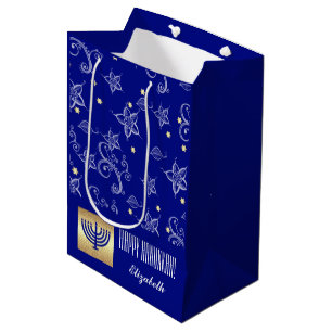 Happy Hanukkah. Gold Menorah   Custom Name  Medium Gift Bag