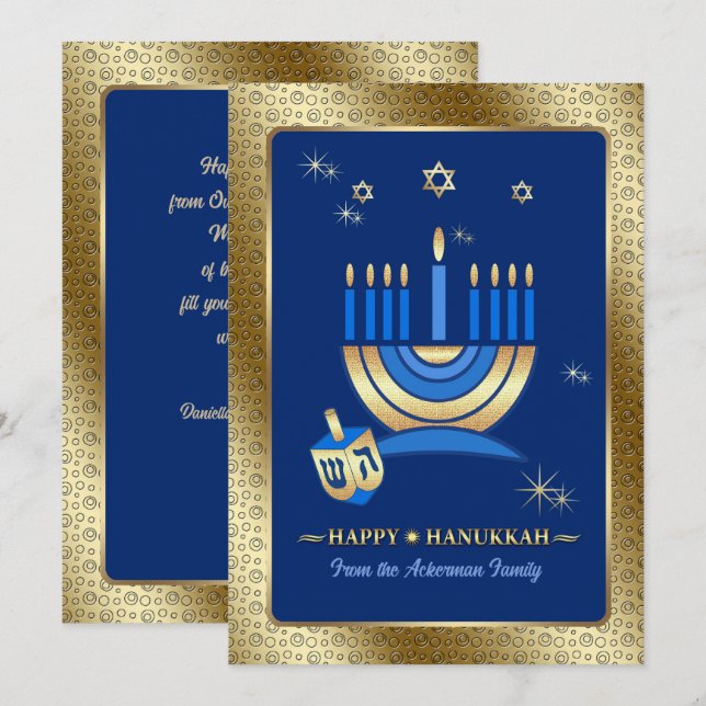 Happy Hanukkah. Gold Menorah & Dreidel Holiday Card (Front/Back)