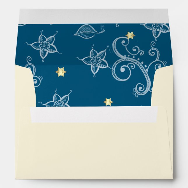 Happy Hanukkah. Gold Menorah & Floral Pattern Envelopes (Back (Bottom))