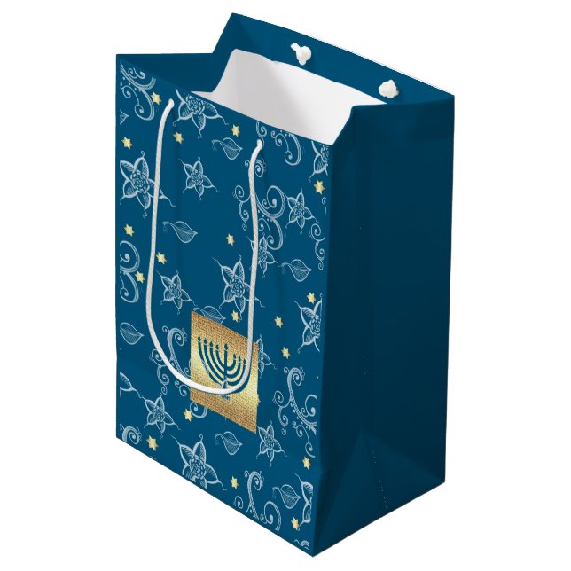 Happy Hanukkah. Gold Menorah & Floral Pattern Medium Gift Bag (Front Angled)