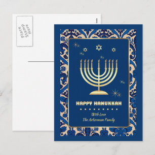 Happy Hanukkah. Gold Menorah Holiday Postcard