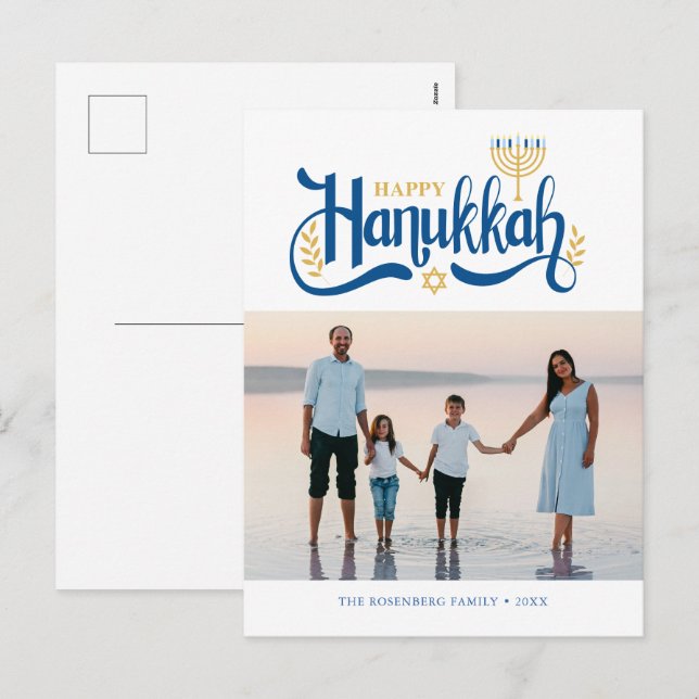"Happy Hanukkah"  Gold Menorah Holiday Postcard (Front/Back)