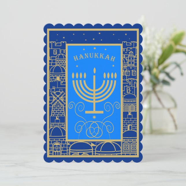 Happy Hanukkah Gold Menorah Jewish Holiday Card (Standing Front)