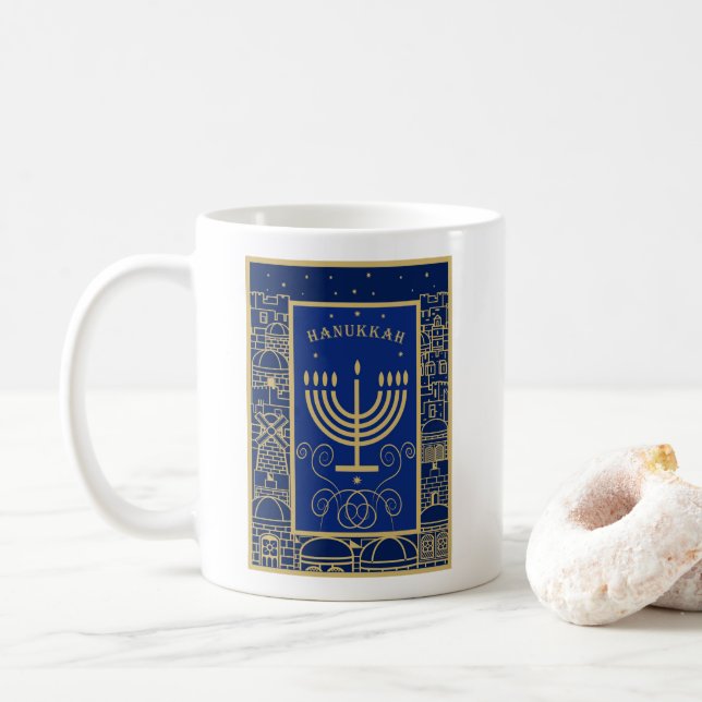 Happy Hanukkah Gold Menorah Jewish Holiday Coffee Mug (With Donut)