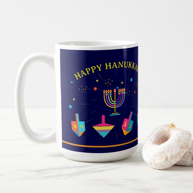 Happy Hanukkah Gold Menorah Jewish Holiday Coffee Mug (With Donut)