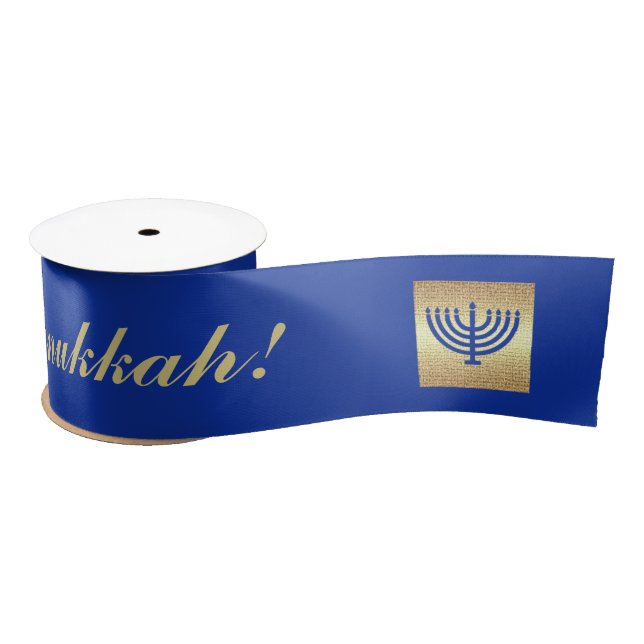 Happy Hanukkah. Gold Menorah & Star of David Gift Satin Ribbon (Spool)