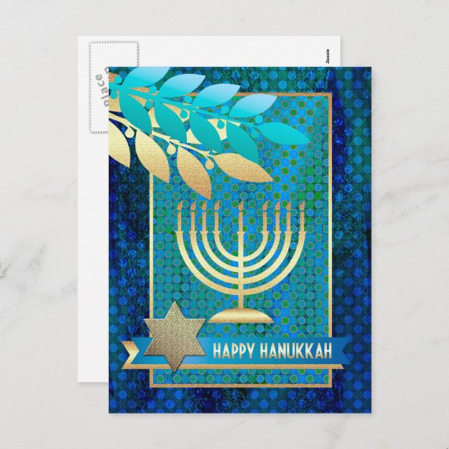 Happy Hanukkah. Gold Menorah & Star of David Holiday Postcard (Front/Back)