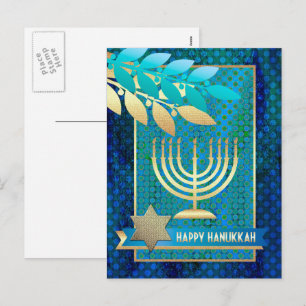 Happy Hanukkah. Gold Menorah & Star of David Holiday Postcard