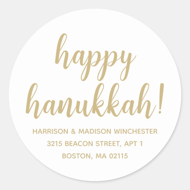Happy Hanukkah gold modern script custom address Classic Round Sticker (Front)