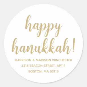 Happy Hanukkah gold modern script custom address Classic Round Sticker