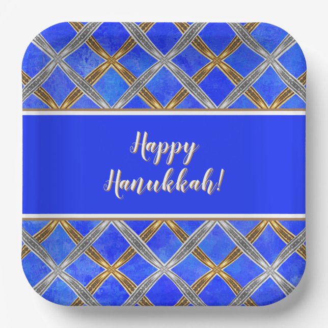 Happy Hanukkah Gold, Silver, and White Laced Paper Plate (Front)