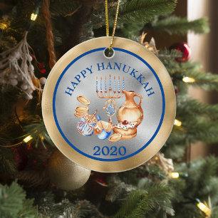 Happy Hanukkah Gold Silver Menorah Ceramic Tree Decoration