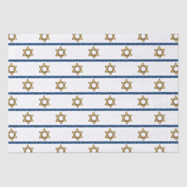 Happy Hanukkah Gold Star of David White Blue Tissue Paper (Front)