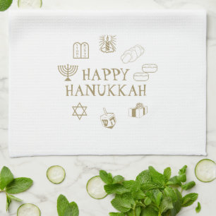 Happy Hanukkah gold white custom cute Tea Towel