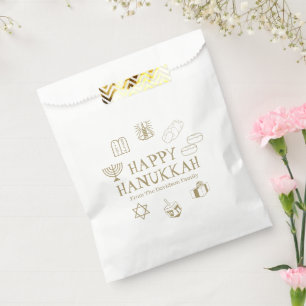 Happy Hanukkah gold white custom family name Favour Bags