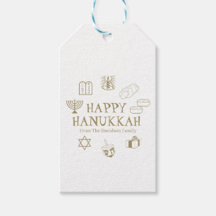 Happy Hanukkah gold white custom family name Gift Tags