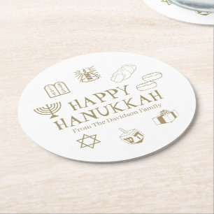 Happy Hanukkah gold white custom family name Round Paper Coaster