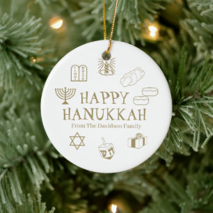 Happy Hanukkah gold white custom name favours Ceramic Tree Decoration