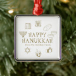 Happy Hanukkah gold white custom name favours Metal Tree Decoration<br><div class="desc">Happy Hanukkah,  customise family name gift favour holiday Metal Ornament.
Happy Hanukkah,  Happy Chanukah,  Hanukkah Sameach!,  Chag Sameach!,  Chag Urim Sameach!
faux gold and white</div>