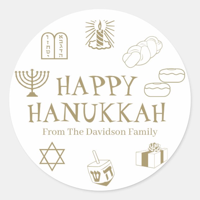 Happy Hanukkah gold white custom name gift favour Classic Round Sticker (Front)