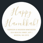 Happy Hanukkah gold white script return address Classic Round Sticker<br><div class="desc">Happy Hanukkah gold and white modern custom script calligraphy name and address personalised Hanukkah return address stickers.
Fully customisable faux gold text,  white background.
Elegant,  simple,  modern design.</div>