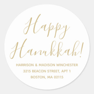 Happy Hanukkah gold white script return address Classic Round Sticker