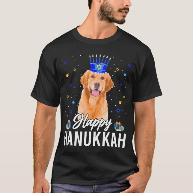 Happy Hanukkah Golden Retriever Menorah Hat T-Shirt (Front)