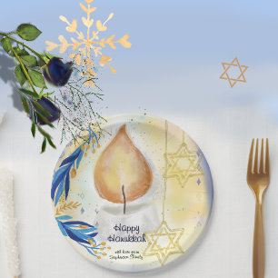 Happy Hanukkah Greeting Candle Light  Paper Plate