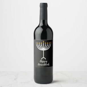 Happy Hanukkah greeting with Menorah illustration Wine Label