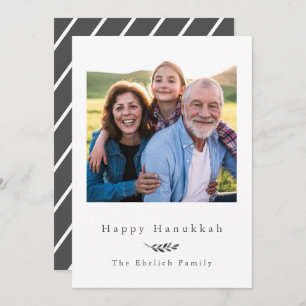 Happy Hanukkah Grey and White Stripes Photo Holiday Card