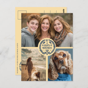 Happy Hanukkah Hand-Drawn CUSTOM 3 PHOTO Holiday Postcard