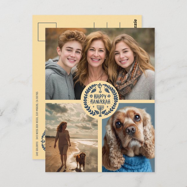 Happy Hanukkah Hand-Drawn CUSTOM 3 PHOTO Holiday Postcard (Front/Back)