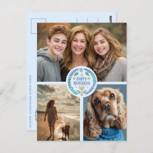 Happy Hanukkah Hand-Drawn CUSTOM 3 PHOTO Holiday Postcard