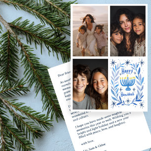HAPPY HANUKKAH Hand-Drawn CUSTOM 3 PHOTO Letter Holiday Card