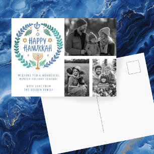 Happy Hanukkah Hand-Drawn CUSTOM 3 PHOTOS Holiday Postcard
