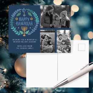 Happy Hanukkah Hand-Drawn CUSTOM 3 PHOTOS Holiday Postcard