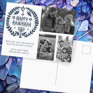Happy Hanukkah Hand-Drawn CUSTOM 3 PHOTOS Holiday Postcard