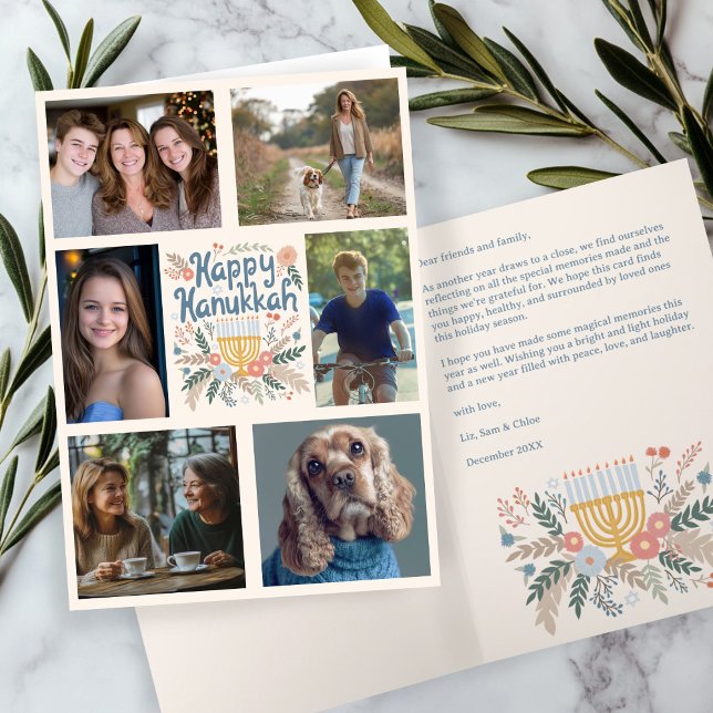 HAPPY HANUKKAH Hand-Drawn CUSTOM 6 PHOTO Folded Holiday Card (HAPPY HANUKKAH Hand-Drawn Floral CUSTOM 6 PHOTO Folded Holiday Card
)