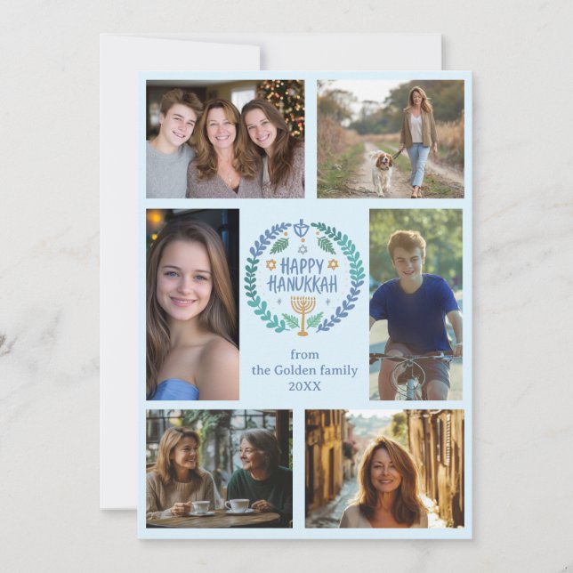 HAPPY HANUKKAH Hand-Drawn CUSTOM 6 PHOTO  Holiday Card (Front)
