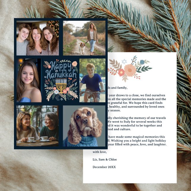 HAPPY HANUKKAH Hand-Drawn CUSTOM 6 PHOTO  Holiday Card (HAPPY HANUKKAH Hand-Drawn Floral Botanical CUSTOM 6 PHOTO Holiday Card
)
