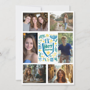 HAPPY HANUKKAH Hand-Drawn CUSTOM 6 PHOTO  Holiday Card