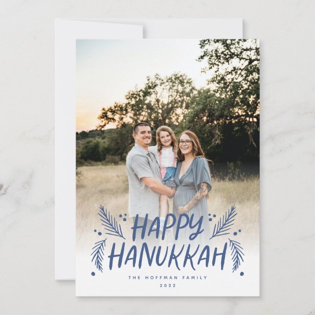 Happy Hanukkah Hand drawn Leaves Snow Blue Photo Holiday Card (Front)