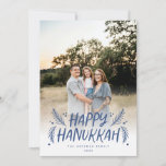 Happy Hanukkah Hand drawn Leaves Snow Blue Photo Holiday Card<br><div class="desc">Stylish,  elegant and personalised; featuring your photo with handwritten styled type accented by hand drawn pine leaves and berries. The back features a festive snow pattern.</div>
