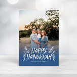 Happy Hanukkah Hand drawn Leaves Snow Full Photo H Holiday Card<br><div class="desc">Stylish,  elegant and personalised; featuring your photo with handwritten styled type accented by hand drawn pine leaves and berries. The back features a festive snow pattern.</div>