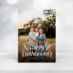 Happy Hanukkah Hand drawn Leaves Snow Full Photo Holiday Card<br><div class="desc">Stylish,  elegant and personalised; featuring your photo with handwritten styled type accented by hand drawn pine leaves and berries. The back features a festive snow pattern.</div>