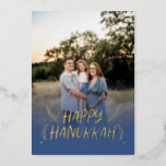 Happy Hanukkah Hand drawn Leaves Snow Photo Blue Foil Holiday Card<br><div class="desc">Stylish,  elegant and personalised; featuring your photo with handwritten styled type accented by hand drawn pine leaves and berries. The back features a festive snow pattern.</div>